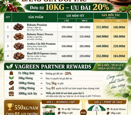 BẢNG GIÁ ĐỐI TÁC VAGREEN COFFEE