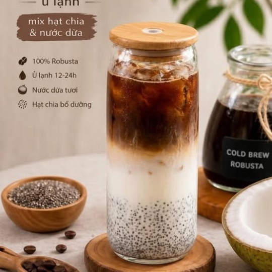 Cà phê Robusta ủ lạnh mix hạt chia & nước dừa